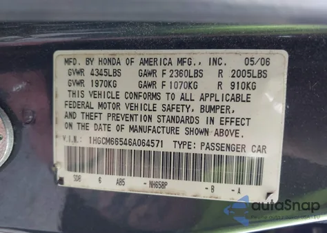 2006 Honda Accord Sdn Ex-L V6 z USA, uszkodzony, nr VIN 1HGCM66546A064571